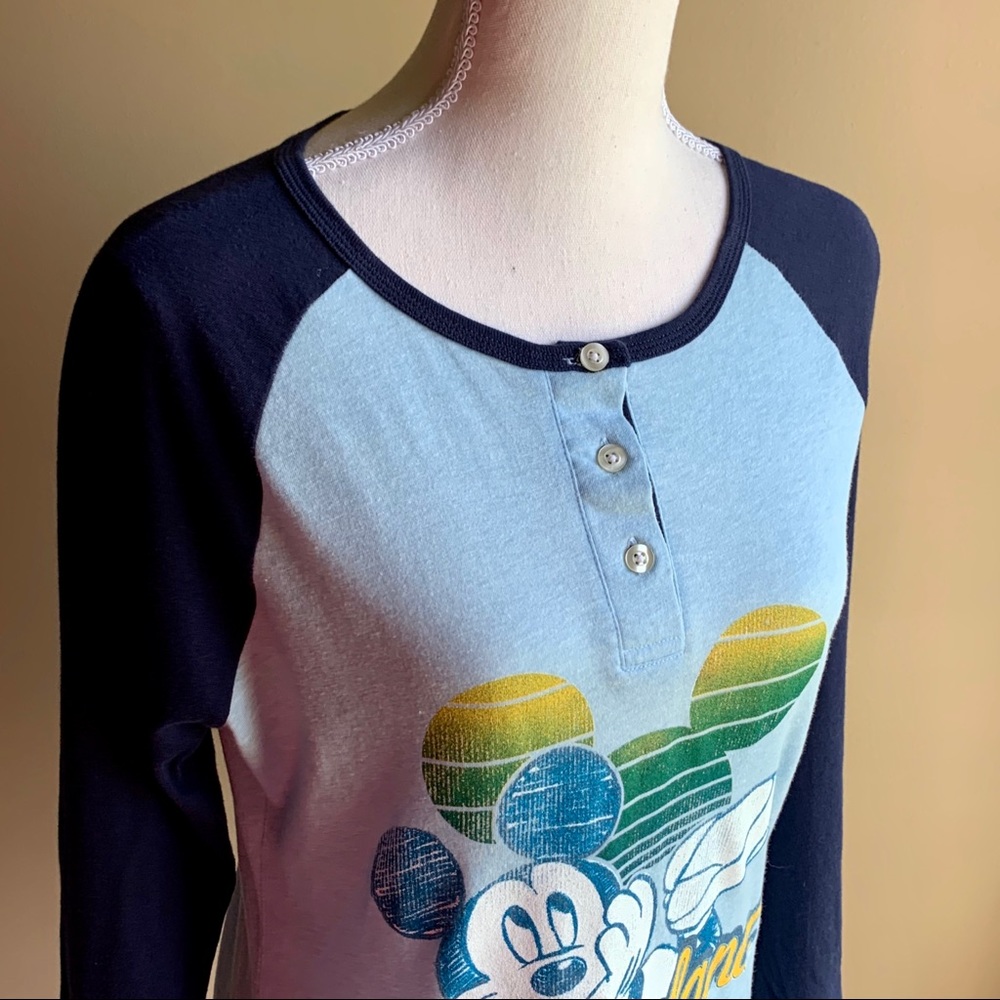 Disneyland Womens Top Mickey Mouse 3/4 Sleeve Henley Raglan Blue Retro Shirt - Picture 3 of 9